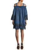 Embroidered Off-the-Shoulder Chambray Dress, Medium Blue