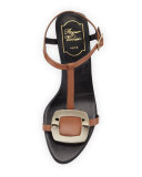 Chips Leather T-Strap Sandal, Cognac Scuro