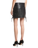 Laced Paneled Leather Mini Skirt, Black