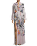 Bishop-Sleeve Floral-Print Caftan, Pink/Multi