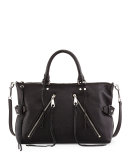 Large Moto Leather Satchel Bag, Black/Silver