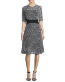 Embroidered-Mesh Half-Sleeve Cocktail Dress, Black/White