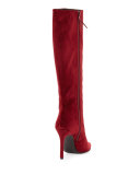 Hyper Pointed-Toe Velvet Knee Boot, Scarlet