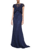 Short-Sleeve Lace Gown with Popover Top