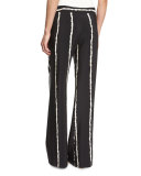 Striped Silk Wide-Leg Trousers, Black