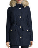 Long Hooded Arctic Parka Coat w/ Coyote Fur, Melton Blue