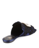 Strass-Buckle Macramé Slide Sandal, Black/Blue