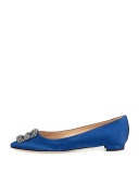 Hangisi Crystal-Buckle Satin Flat, Cobalt