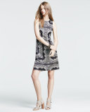 Sleeveless Silk Lace-Print Mini Dress, Black/White