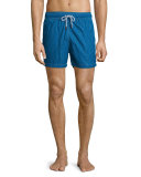 Double Chicane-Print Retro Swim Trunks, Blue