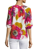 Bubble-Sleeve Floral Silk V-Neck Top, Multicolor