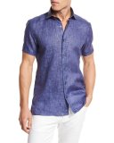 Over-Dyed Linen Short-Sleeve Sport Shirt, Navy