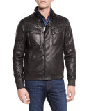 Perforated Leather Bomber Jacket, Black