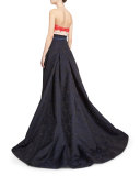 Strapless Floral-Embellished Colorblock Gown, Cayenne/Black/Blue