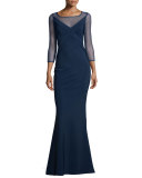 3/4-Sleeve Cross-Front Ponte Illusion Gown, Blue Notte