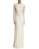 Long-Sleeve Metallic Beaded Gown 