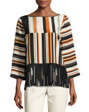 Aubrianna 3/4-Sleeve Avant-Garde Striped Silk Blouse, Multi Pattern