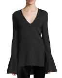 Ribbed Bell-Sleeve Tunic Top, Black