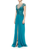 Cap-Sleeve Embroidered Gown, Teal