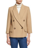 Double-Breasted 3/4-Sleeve Blazer, Fawn