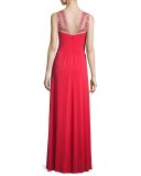 Embroidered Illusion-Neck Gown, Red