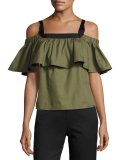 Ruffled Cold-Shoulder Cotton Poplin Top, Green