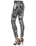 Side-Zip Printed Slim Pants, Black Multi