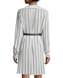 Long-Sleeve Henley Belted Shirtdress, White/Black