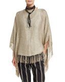 Metallic Linen-Blend Fringe Poncho, Olive