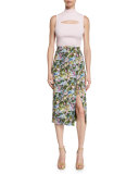 Floral Front-Slit Pencil Skirt