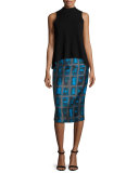 Brushstroke Rectangle-Print Pencil Skirt, Azure