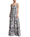 Metallic Etched Floral V-Neck Gown, Blue/Silver