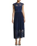 Tesoro Cap-Sleeve Embroidered Midi Dress, Blue