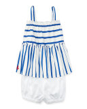 Smocked Striped Poplin Top w/ Bloomers, Blue/White, Size 9-24 Months
