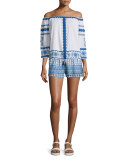 Shella Drawstring-Waist Embroidered Shorts, Ecru/Blue