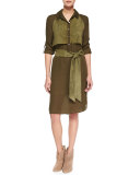 Long-Sleeve Two-Tone Belted Dress, Military
