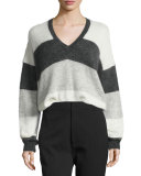 Striped Mohair-Blend V-Neck Sweater, Carbon/White/Steel