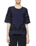 Short-Sleeve Embellished Blouse W/Lace Inset, Navy
