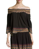 Crosby Embroidered Smocked Off-The-Shoulder Top