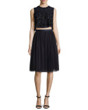 Embellished Floral-Embroidery Crop Top, Black/Black