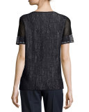 Short Mesh-Sleeve Brushed Jacquard Sweater, Ink Multi