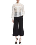 Long-Sleeve Lace-Trim Voile Blouse, White