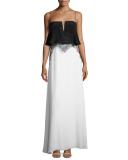 Gigi Sleeveless Embroidered Silk Colorblock Gown, Black/White