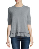 Layered-Hem Short-Sleeve Sweater, Heather Gray