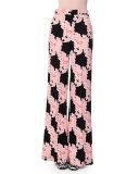 Lace-Print Wide-Leg Trousers, Multicolor
