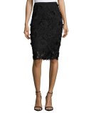 3D Floral-Embroidered Lace Pencil Skirt