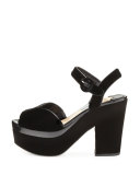 Patent-Trim Velvet Platform Sandal, Black (Nero)