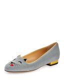 Flirty Kitty Emoji Velvet Ballerina Flat, Sky Blue