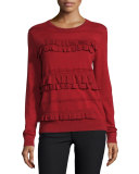Benni Crewneck Ruffle-Trim Wool-Blend Sweater, Rubiate