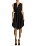Sleeveless Shirred Chiffon Dress, Black